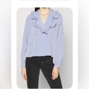 Monki Ruffle Blouse in Blue with Polka Dots